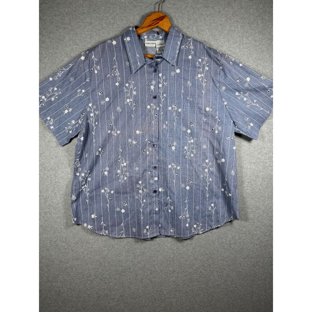 Vintage Cabin Creek Blue Floral Stripe Button Front Shirt Plus Size 2X 3855